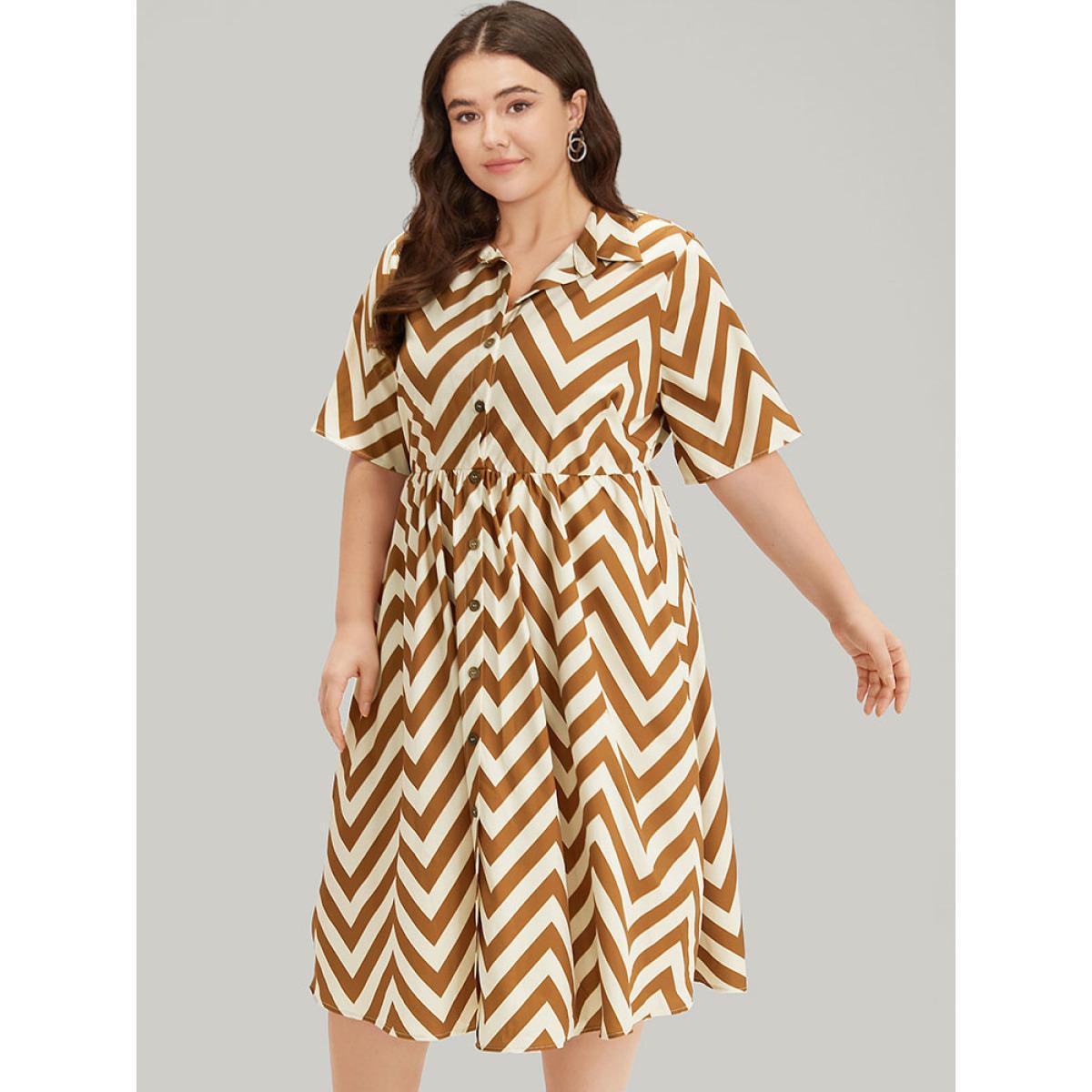 Plus Size Geometric Print Shirt Collar Button Through Dress Bronze Women Office Printed Shirt collar Short sleeve Curvy Midi Dress BloomChic 18-20/2X Product Image