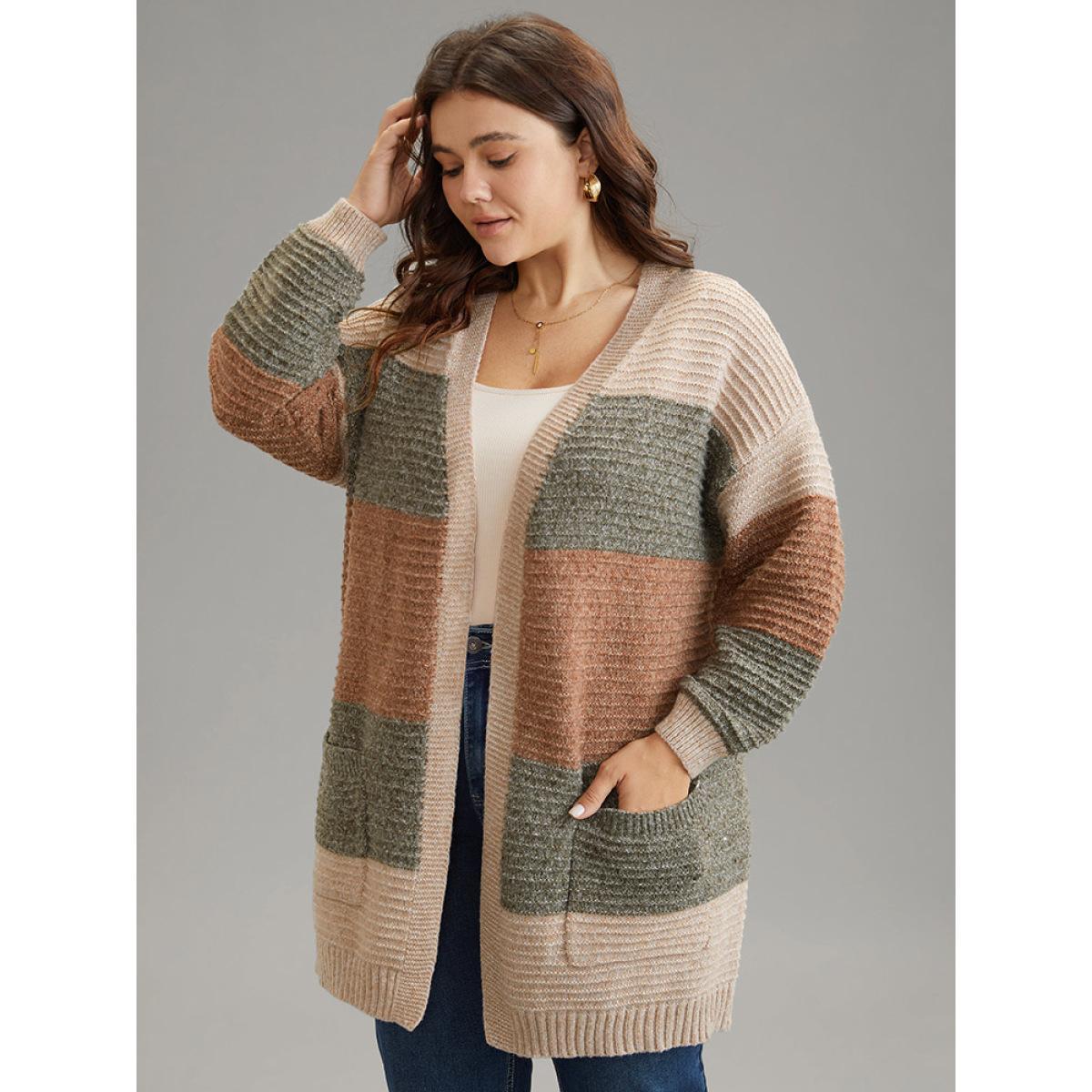 Plus Size Plisse Colorblock Patched Pocket Open Front Cardigan Multicolor Women Casual Loose Long Sleeve Dailywear Cardigans BloomChic 22-24/3X Product Image