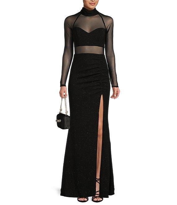 City Vibe Long Sleeve Mock Neck Illusion Ruched Long Slim Dress Product Image