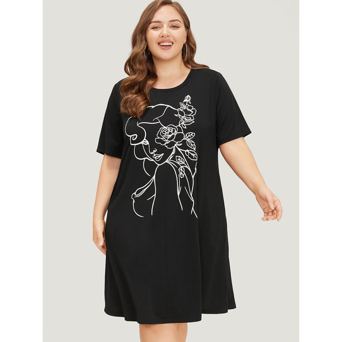 Plus Size Rose & Figure Print Pocket Flutter Graphic Dress Black Women Casual Printed Curvy Knee Dress BloomChic 22-24/3X Product Image