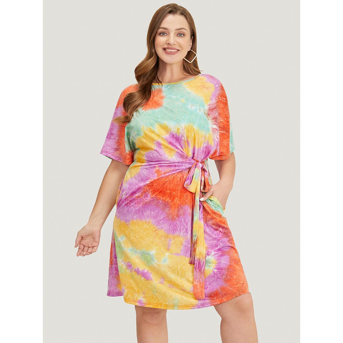 Plus Size Tie Dye Pocket Knotted Front Batwing Sleeve Knee Dress Orange Women Casual Knotted Round Neck Short sleeve Curvy Knee Dress BloomChic 12/L Product Image