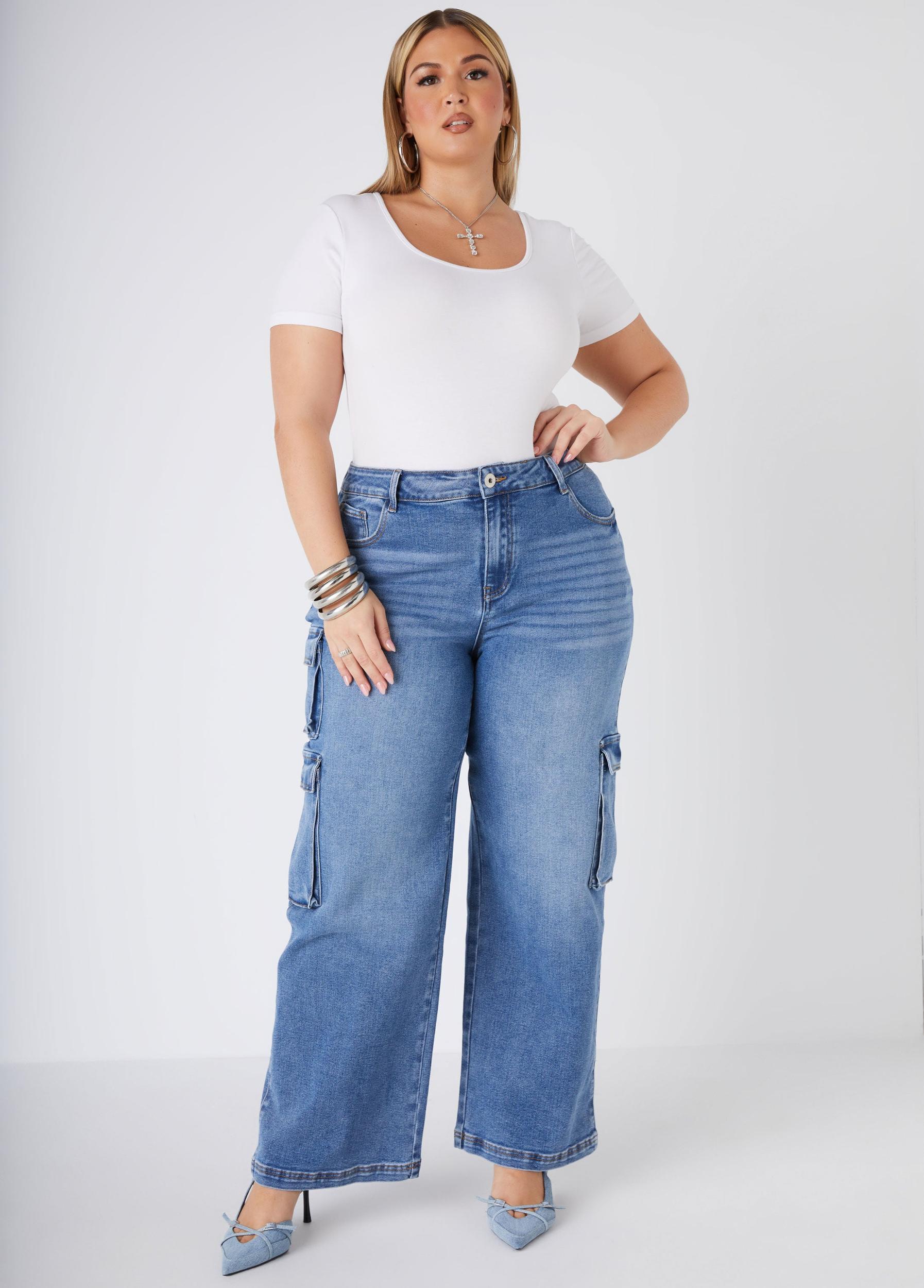 Mid Rise Stretch Denim Cargo Jeans Product Image