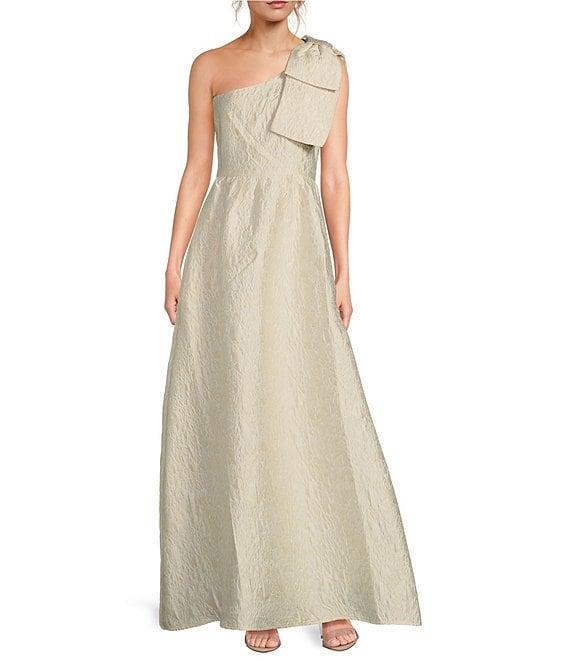 Abbey Glass Caroline Organza Floral Jacquard Asymmetrical Neck Sleeveless Bow One Shoulder Bow Pocketed A-Line Gown Product Image