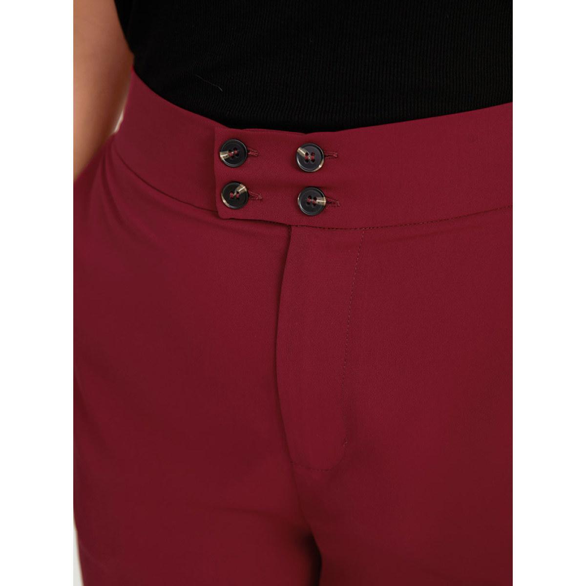 Plus Size Solid Button Detail Slant Pocket High Rise Pants Women Scarlet Office Straight Leg High Rise Work Pants BloomChic 12/L Product Image