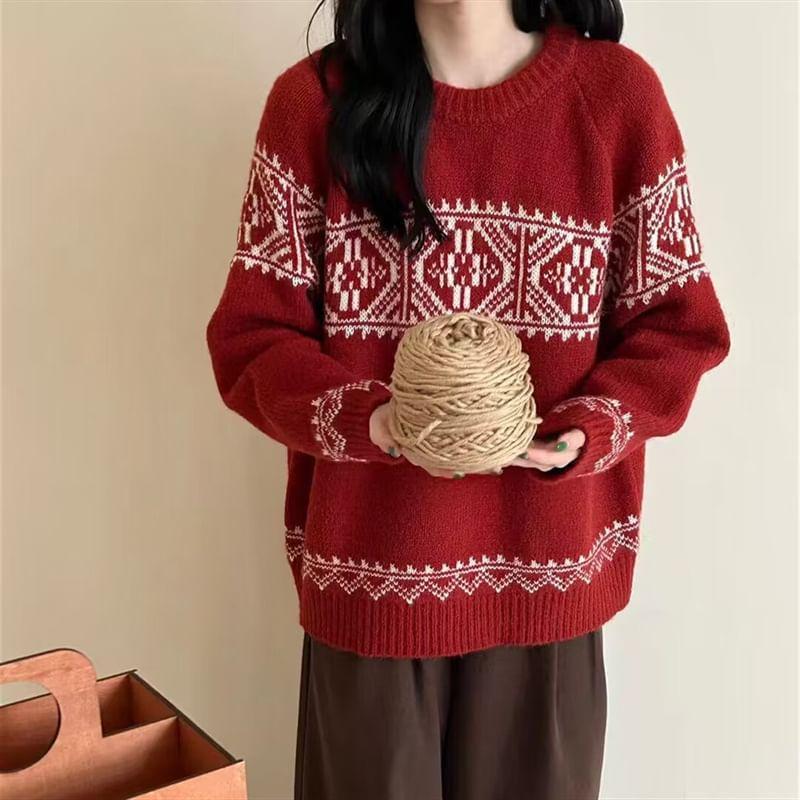 Round Neck Patterned Sweater Product Image