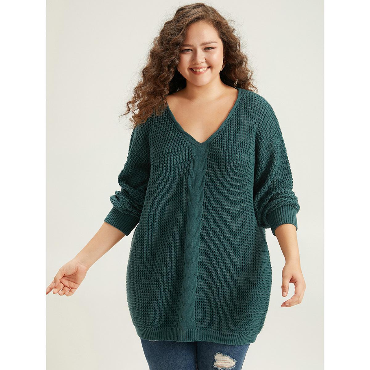 Plus Size Cable Knit Plain Elastic Cuffs Pullover Cyan Women Casual Loose Long Sleeve V-neck Dailywear Pullovers BloomChic 26/4X Product Image