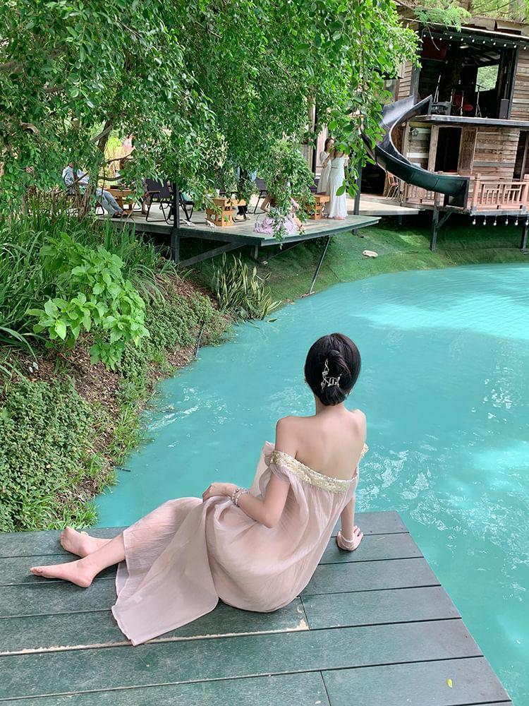 Off-Shoulder Sequin Panel Sheer Maxi Tunic Dress Product Image