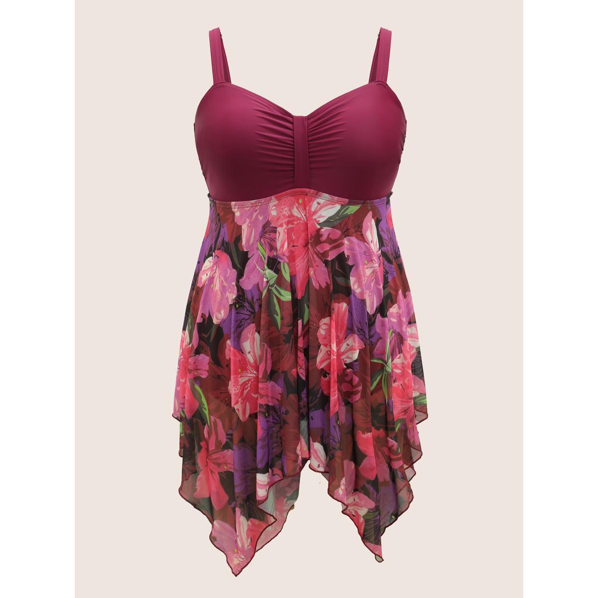 Plus Size Floral Patchwork Tummy Control Ruched Swim Dress Women's Swimwear RedViolet Beach Bodycon Heart neckline High stretch Curve Swim Dresses BloomChic 14-16/1X Product Image