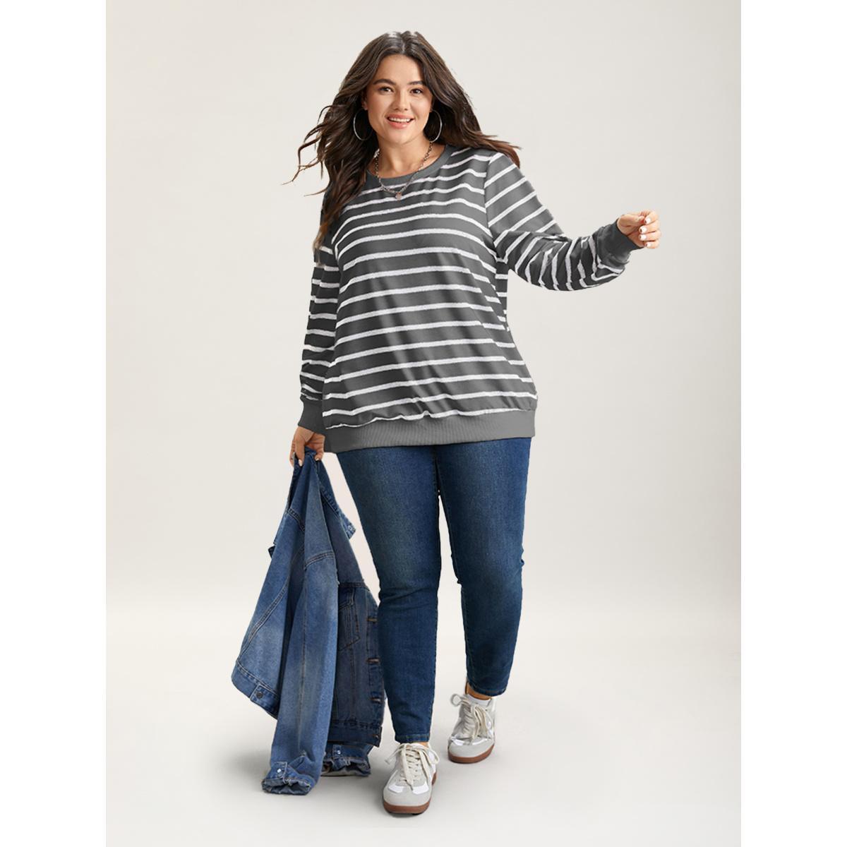 Plus Size Rib Knit Striped Round Neck Sweatshirt Women DarkGray Casual Non Round Neck Everyday Sweatshirts BloomChic 10/M Product Image