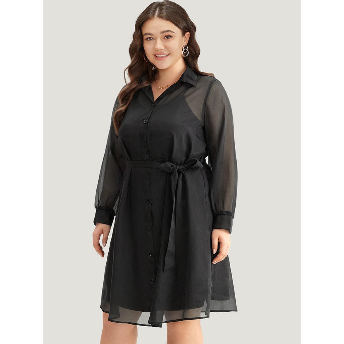 Plus Size Shirt Collar Button Up Belted Mesh Dress Black Women Elegant Lined Shirt collar Long Sleeve Curvy Midi Dress BloomChic 14-16/1X Product Image