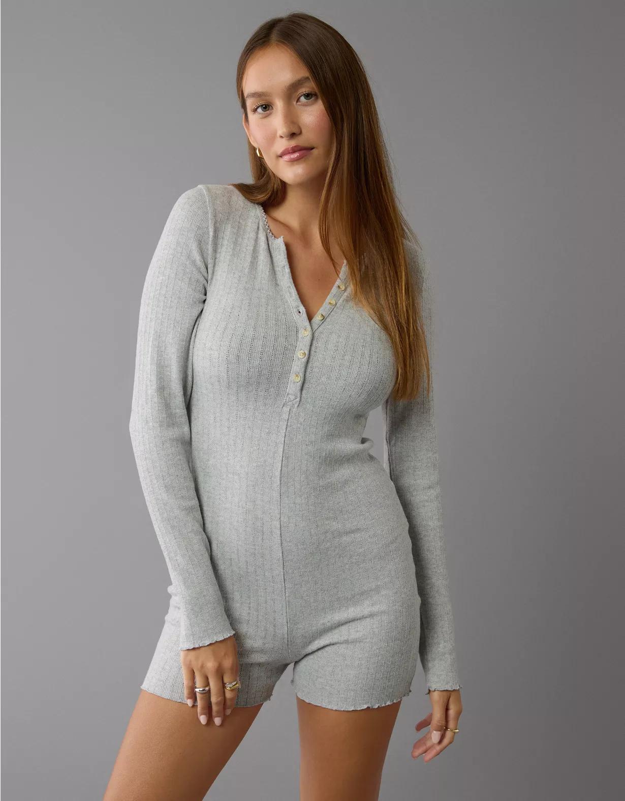 AE Long-Sleeve Henley Lounge Romper Product Image