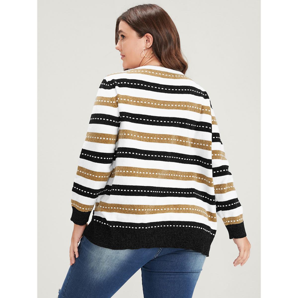 Plus Size Striped Contrast Pointelle Knit Jacquard Open Front Cardigan Multicolor Women Casual Long Sleeve Dailywear Cardigans BloomChic 10/M Product Image