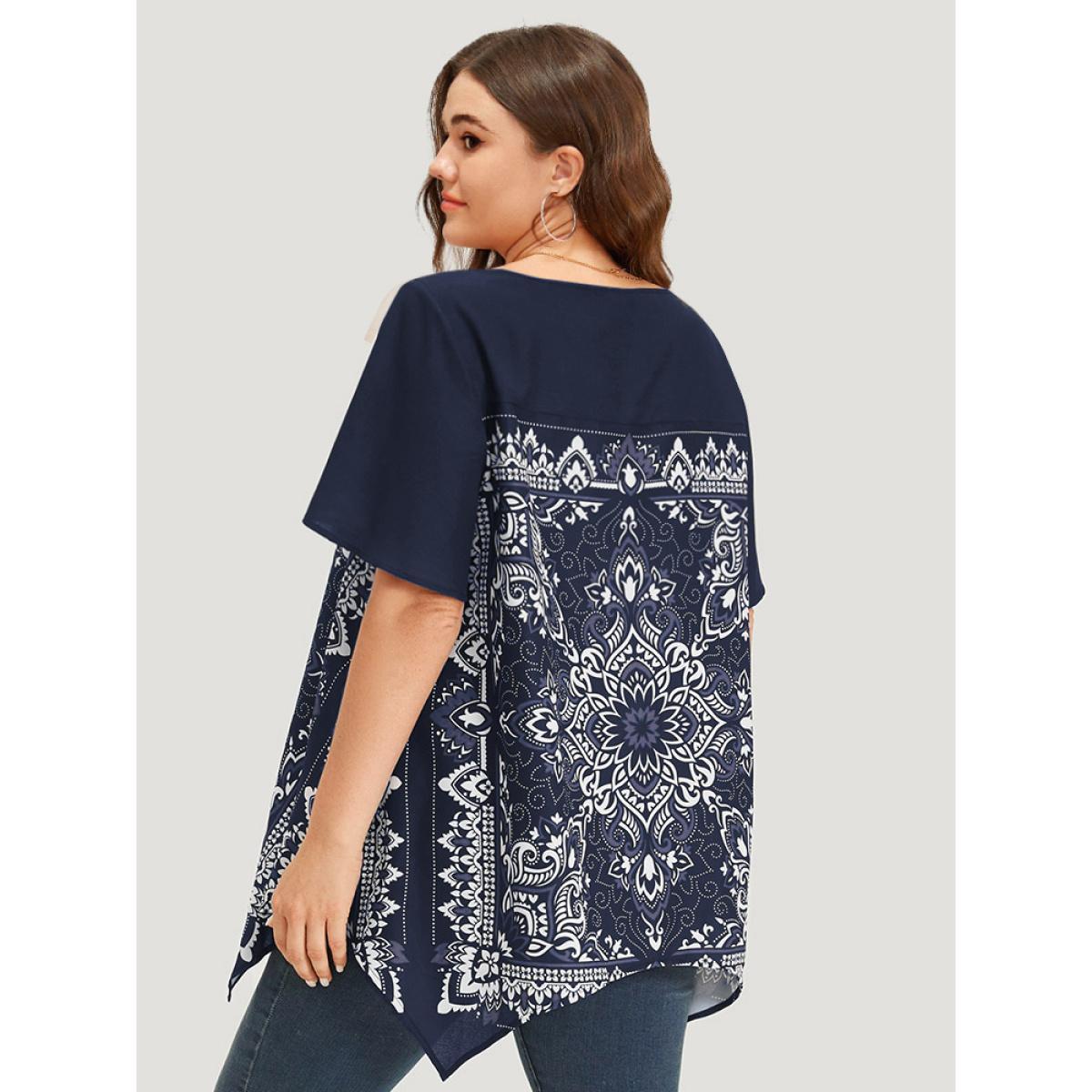 Plus Size Indigo Boho Print Crew Neck Flutter Sleeve Hanky Hem Blouse Women Vacation Short sleeve Round Neck Dailywear Blouses BloomChic 26/4X Product Image