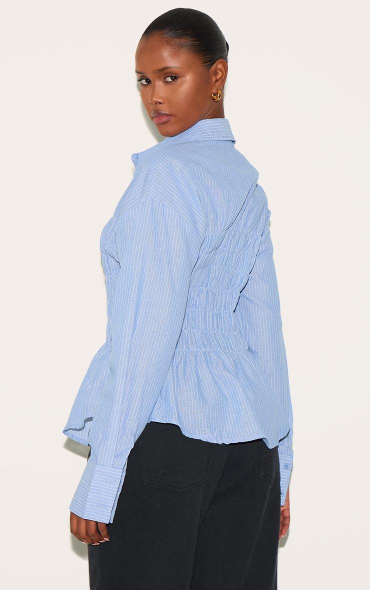Blue Shirred Striped Fitted Shirt Product Image