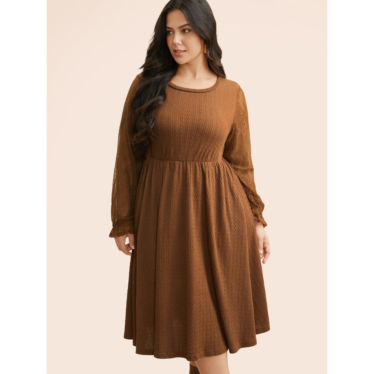 Plus Size Textured Mesh Patchwork Ruffles Dress Yellowishbrown Women Elegant Woven ribbon&lace trim Round Neck Extra Long Sleeve Curvy BloomChic 12/L Product Image