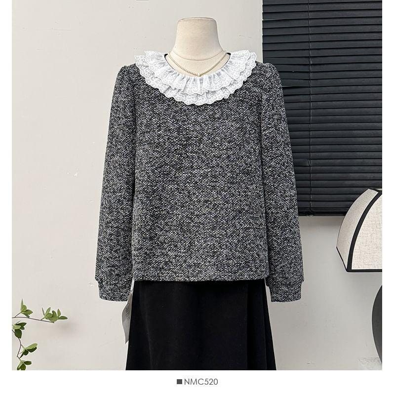 Lace-Collar Loose Wool Blouse Product Image