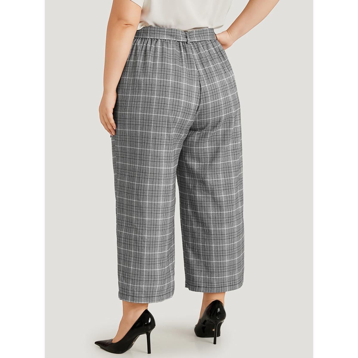 Plus Size Gingham Pocket Belted Wide leg Pants Women Black Office Straight Leg High Rise Work Pants BloomChic 10/M Product Image