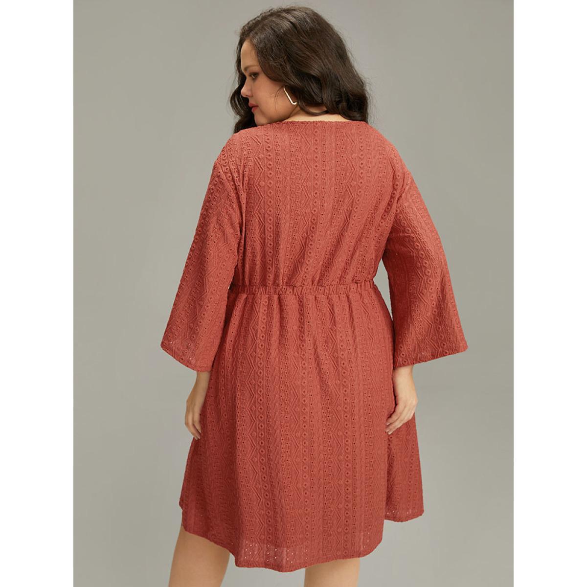 Plus Size Broderie Anglaise Button Through Pocket Dress Rust Women Casual Texture Round Neck Long Sleeve Curvy Knee Dress BloomChic 22-24/3X Product Image