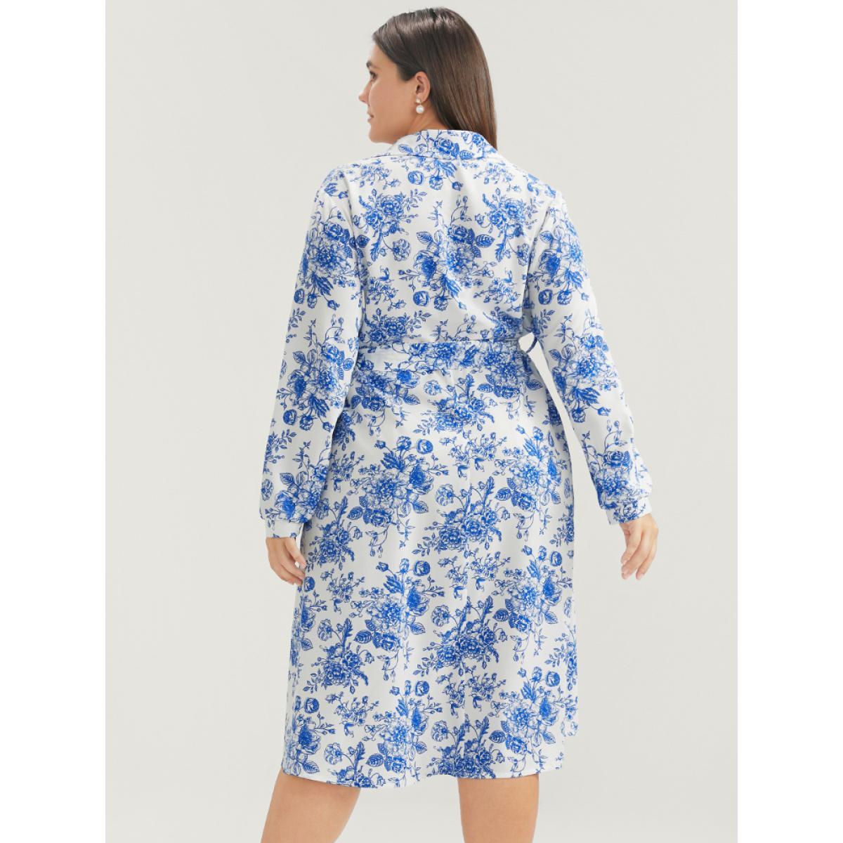 Plus Size Floral Button Up Pocket Belted Lapel Collar Dress WhiteSmoke Women Office Belted Lapel Collar Long Sleeve Curvy Knee Dress BloomChic 22-24/3X Product Image