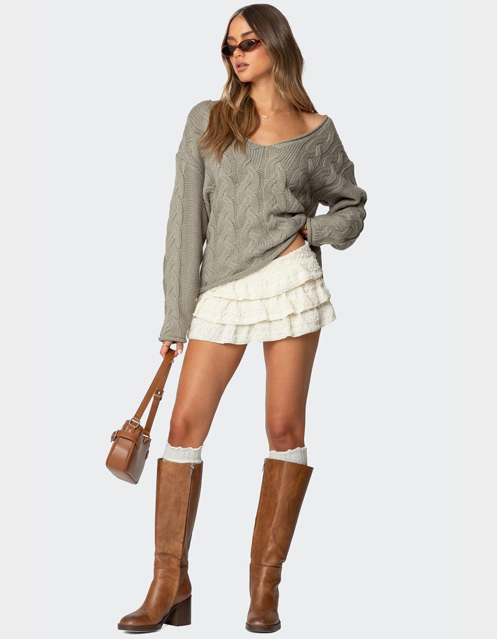 EDIKTED Inga Oversized Cable Knit Sweater - DK GREEN Product Image