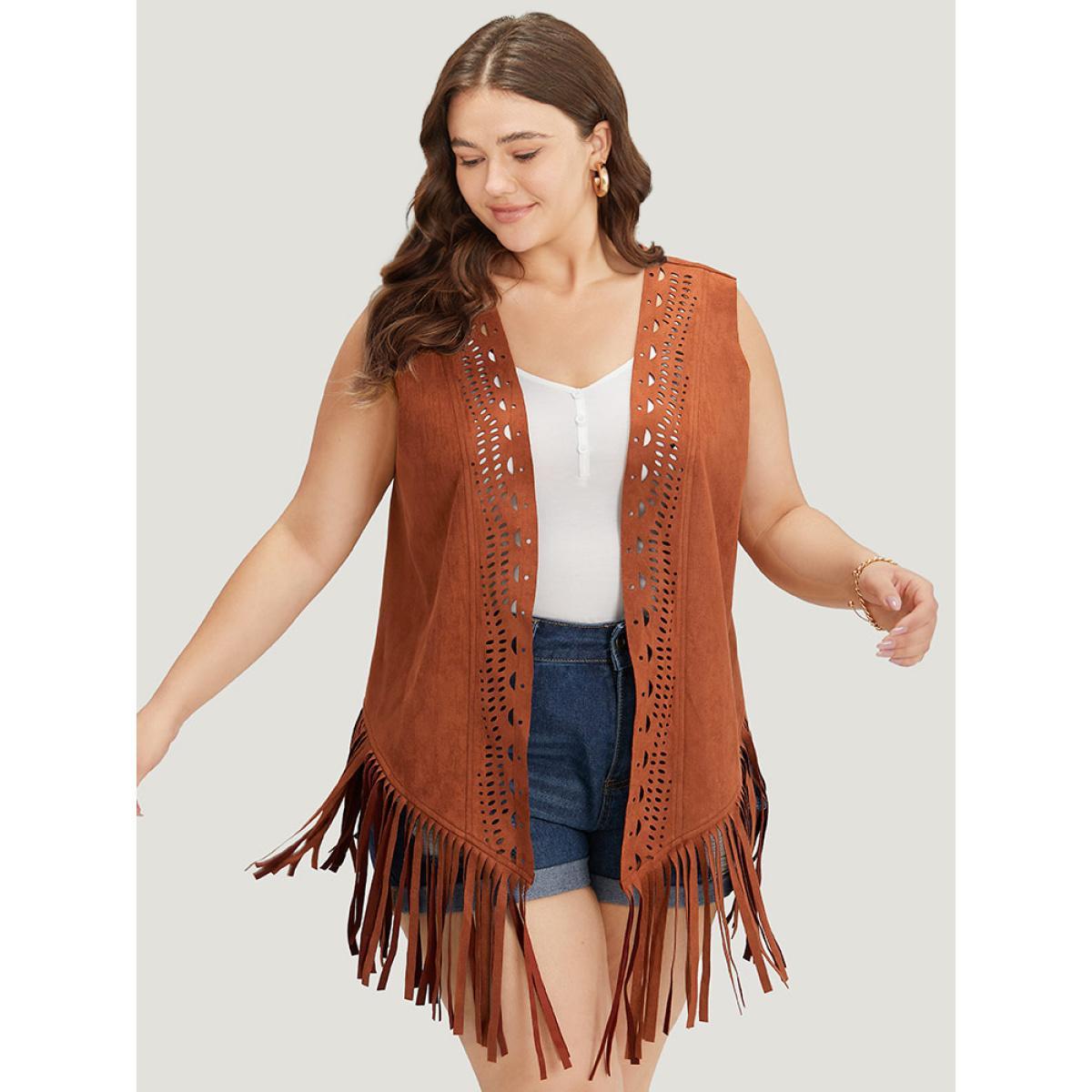 Plus Size Plain Laser Cut Tassel Trim Sleeveless Kimono Women Chocolate Vacation Tassels Dailywear Kimonos BloomChic 28/5X Product Image