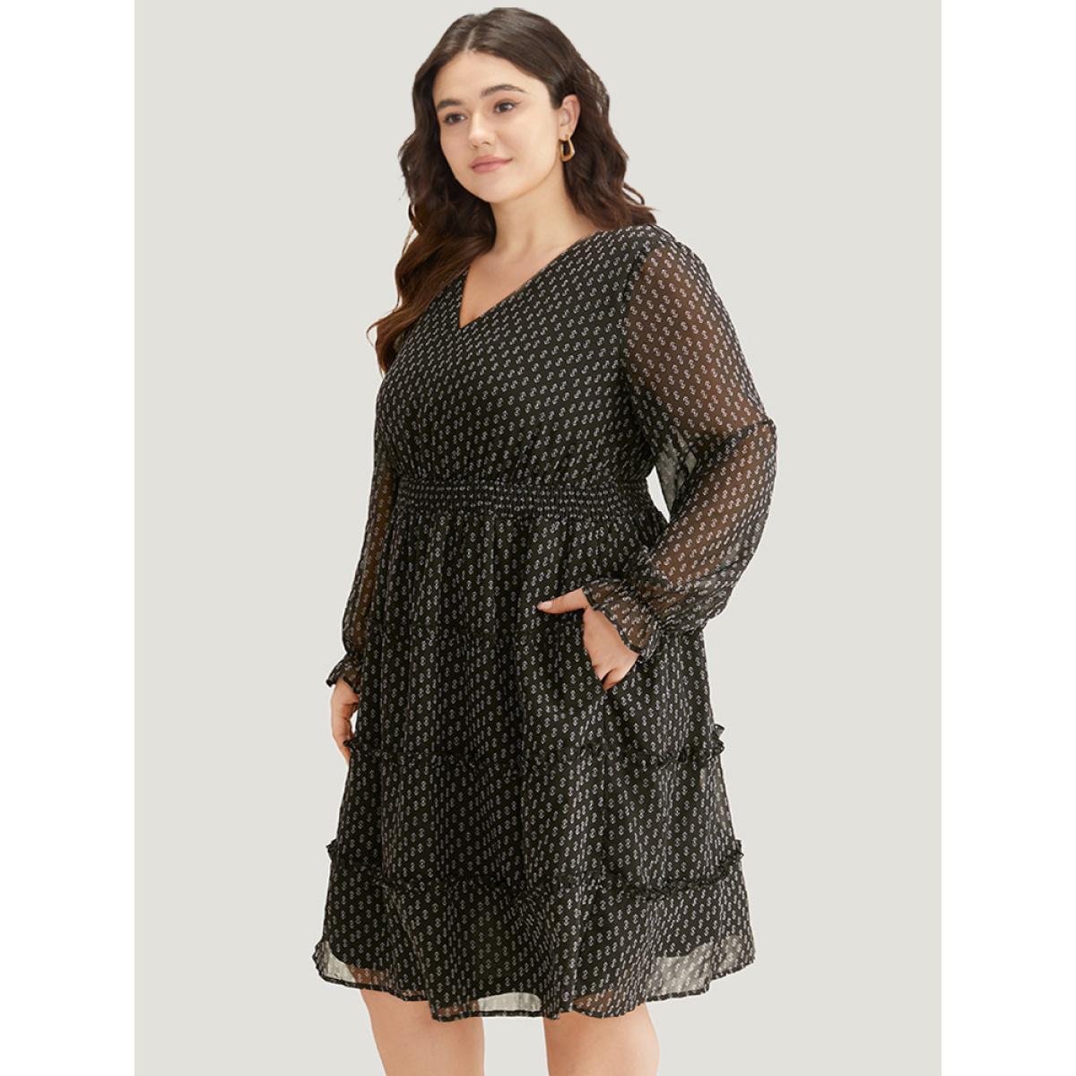 Plus Size Geometric Shirred Mesh Frill Trim Dress BlackFlower Women At the Office See through V-neck Long Sleeve Curvy Midi Dress BloomChic 22-24/3X Product Image