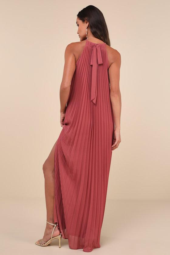 Exceptionally Elegant Rusty Rose Pleated Chiffon Maxi Dress Product Image