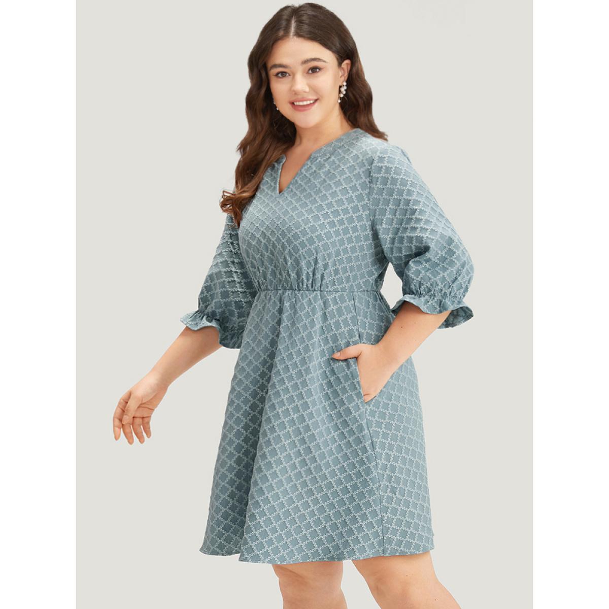 Plus Size Geo Plisse Pocket Lantern Sleeve Notched Dress Stone Women Office Elastic cuffs Notched collar Half Sleeve Curvy Knee Dress BloomChic 26/4X Product Image