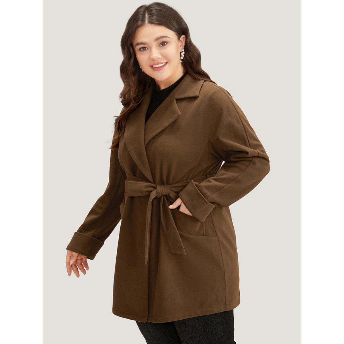 Plus Size Plain Lapel Collar Pocket Belted Coat Women DarkBrown Casual Plain Ladies Dailywear Winter Coats BloomChic 26/4X Product Image