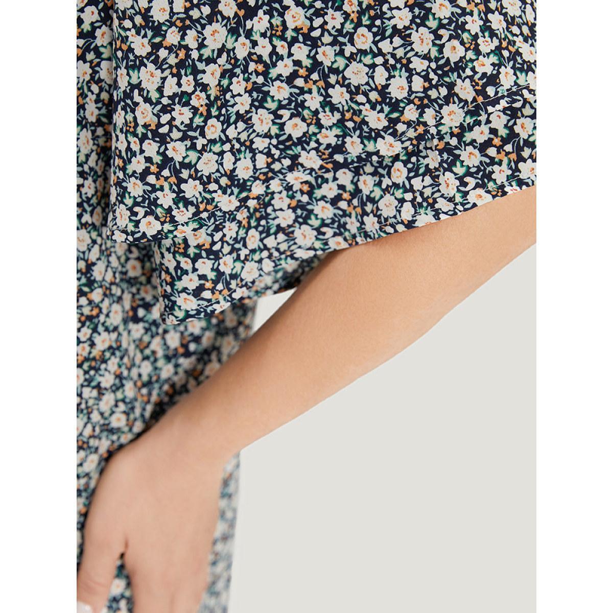 Plus Size Indigo Ditsy Floral Notched Flutter Sleeve Blouse Women Elegant Short sleeve Notched collar Dailywear Blouses BloomChic 18-20/2X Product Image