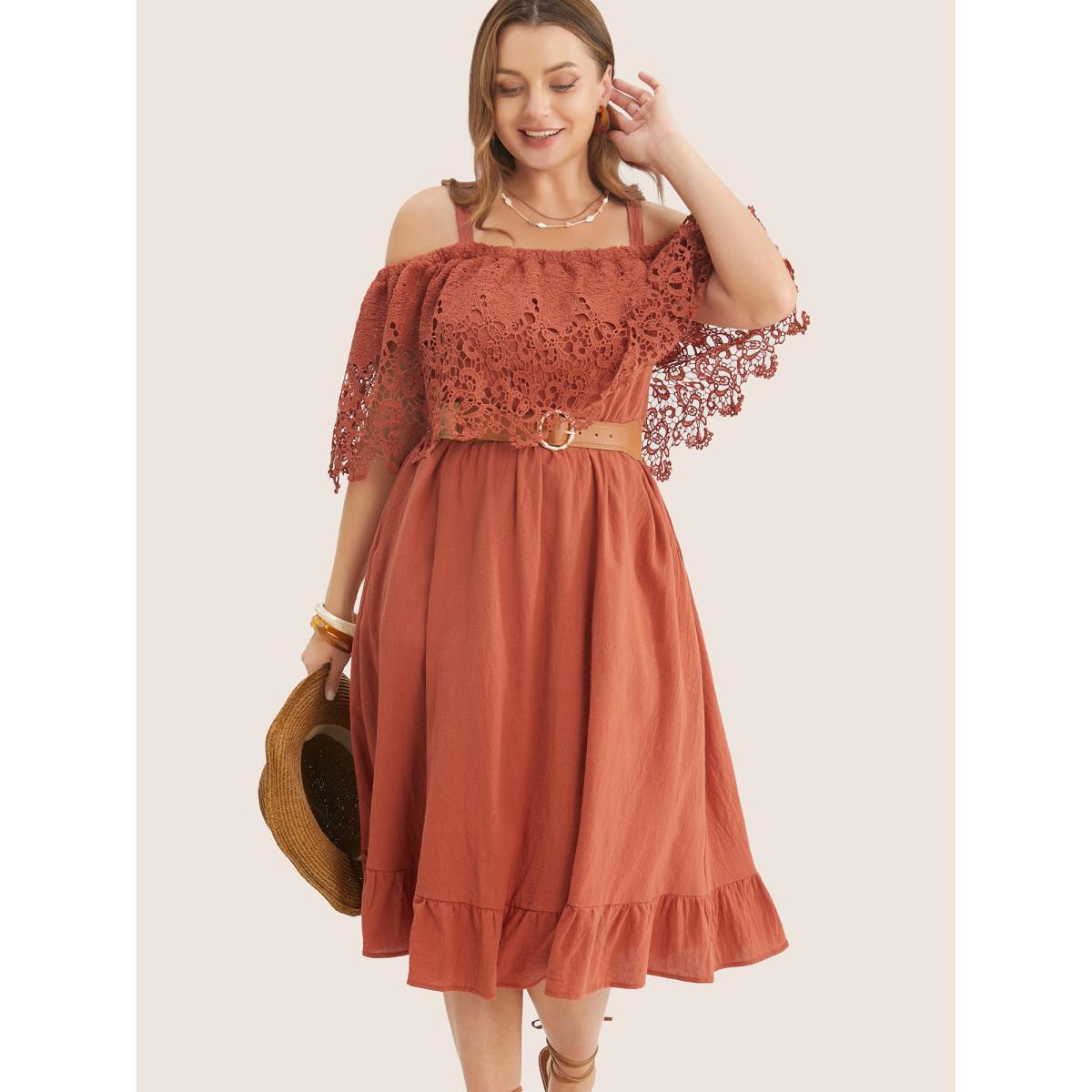 Plus Size Solid Cold Shoulder Contrast Lace Pocket Ruffle Hem Dress Chocolate Women Resort Broderie anglaise Non Short sleeve Curvy Midi Dress BloomChic 10/M Product Image