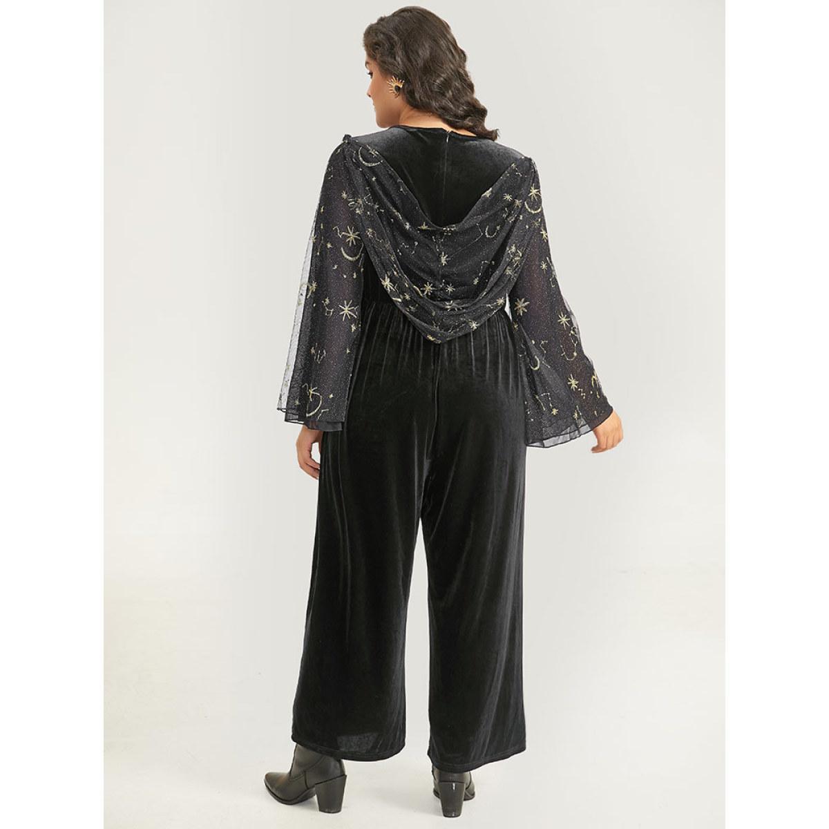 Plus Size Black Halloween Moon & Star Glitter Mesh Crisscross Neck Jumpsuit Women Elegant Long Sleeve Square Neck Festival-Halloween Loose Jumpsuits BloomChic 26/4X Product Image