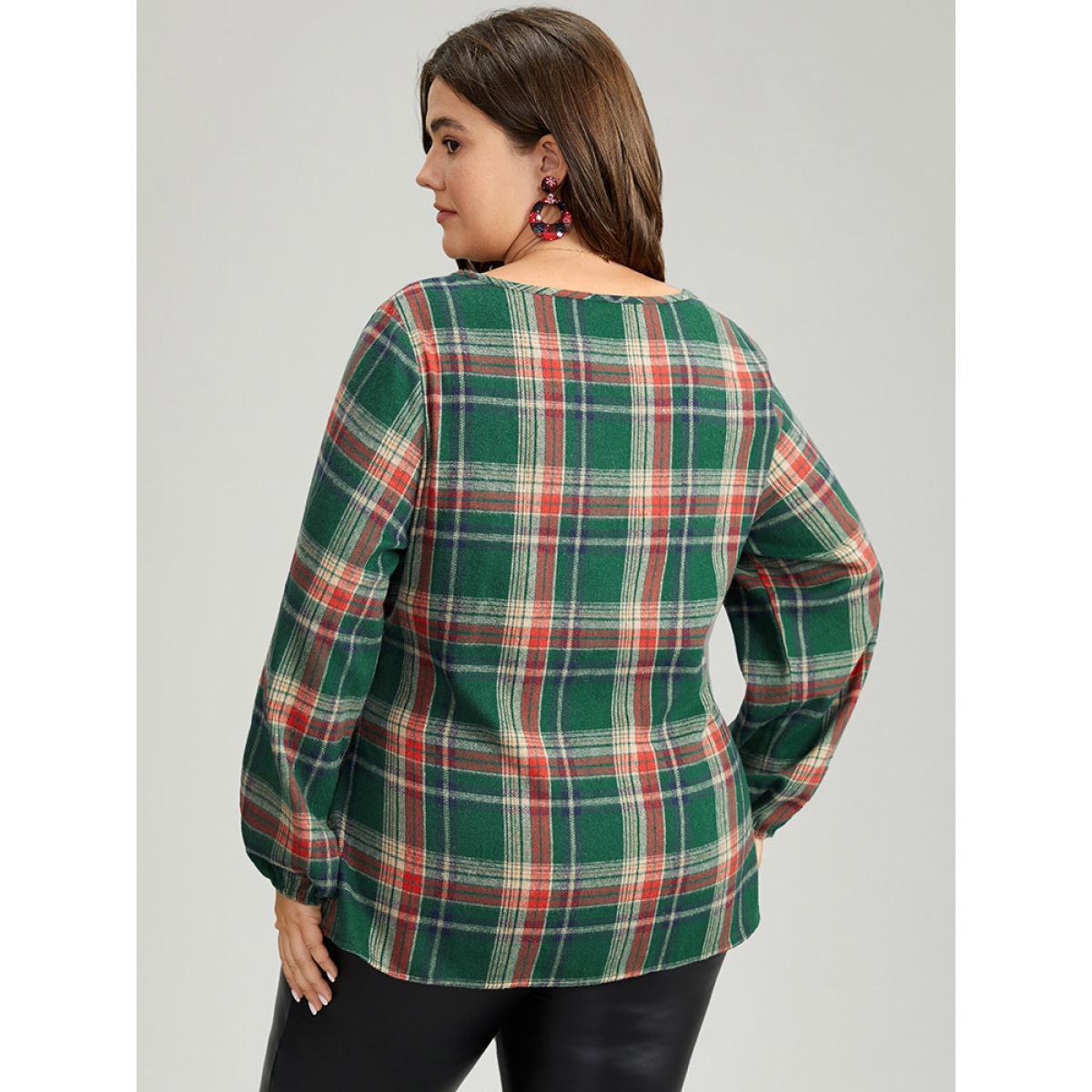 Plus Size DarkGreen Christmas Plaid Ties Lantern Sleeve Blouse Women Elegant Long Sleeve Round Neck Festival-Christmas Blouses BloomChic 26/4X Product Image