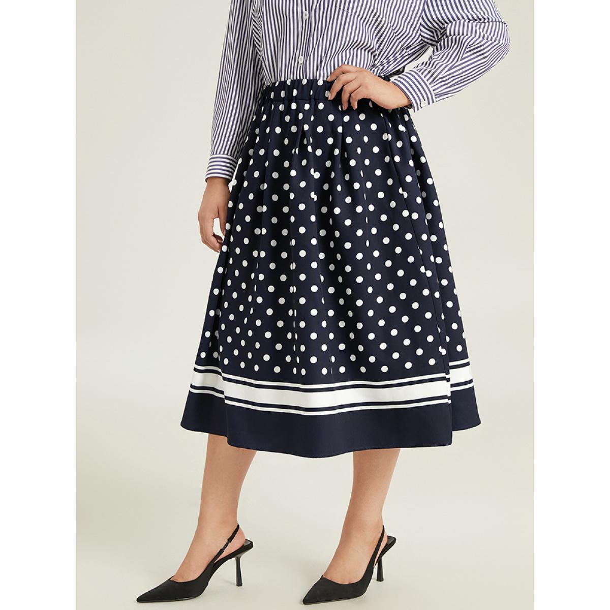 Plus Size Polka Dot Elastic Waist Contrast Skirt Women Indigo Office A-line No stretch Pocket Work Skirts BloomChic 30/6X Product Image
