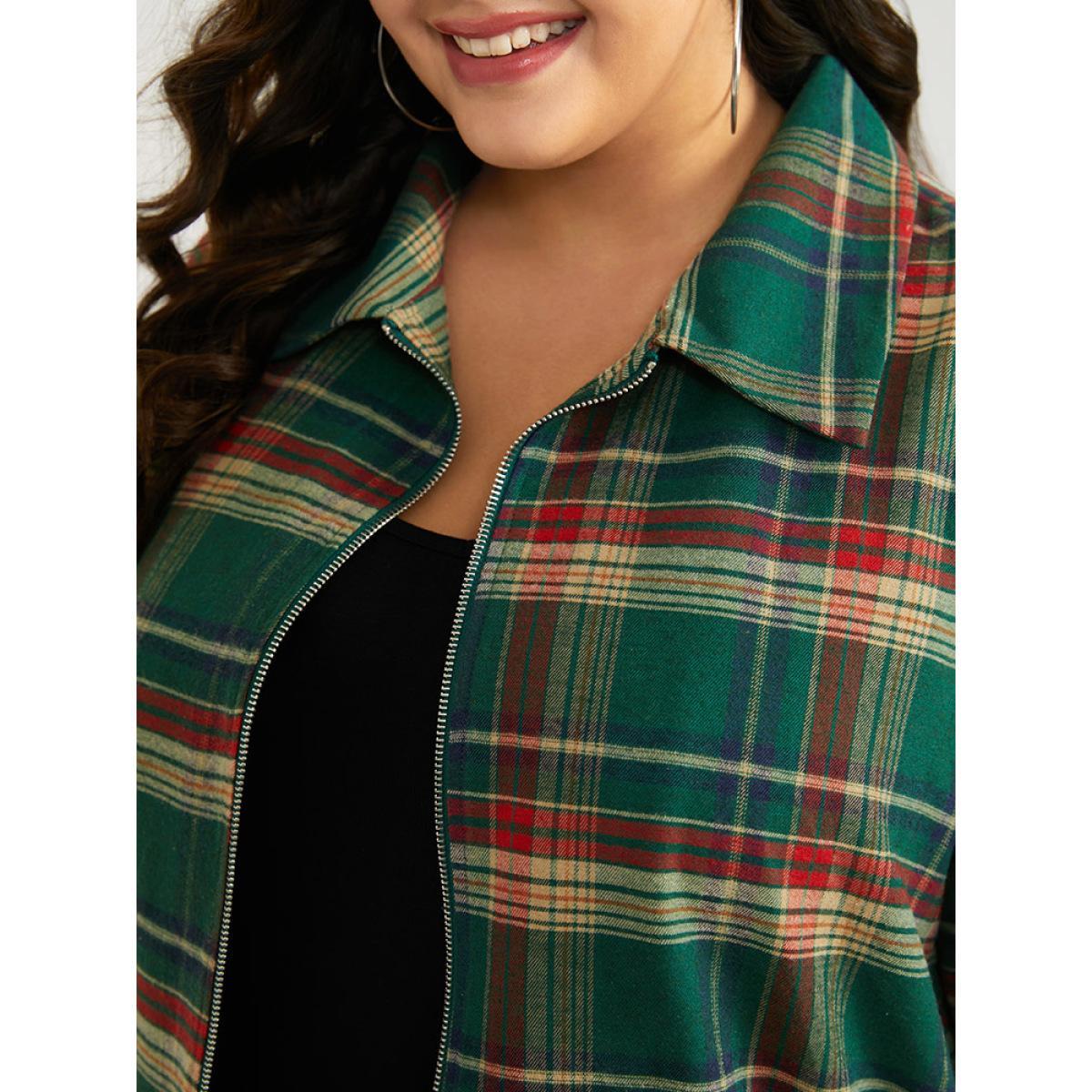 Plus Size Plaid Contrast Zipper Pocket Jacket Women Emerald Elastic cuffs Pocket Dailywear Jackets BloomChic 10/M Product Image