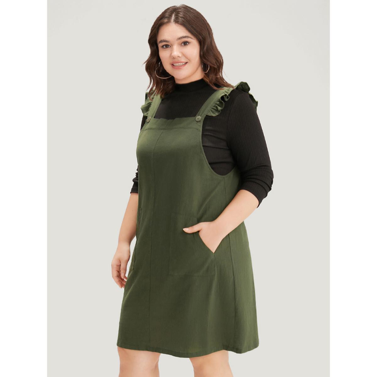 Plus Size Solid Square Neck Button Up Pocket Ruffle Trim Cami Dress ArmyGreen Women Casual Plain Spaghetti Strap Sleeveless Curvy Knee Dress BloomChic 28/5X Product Image
