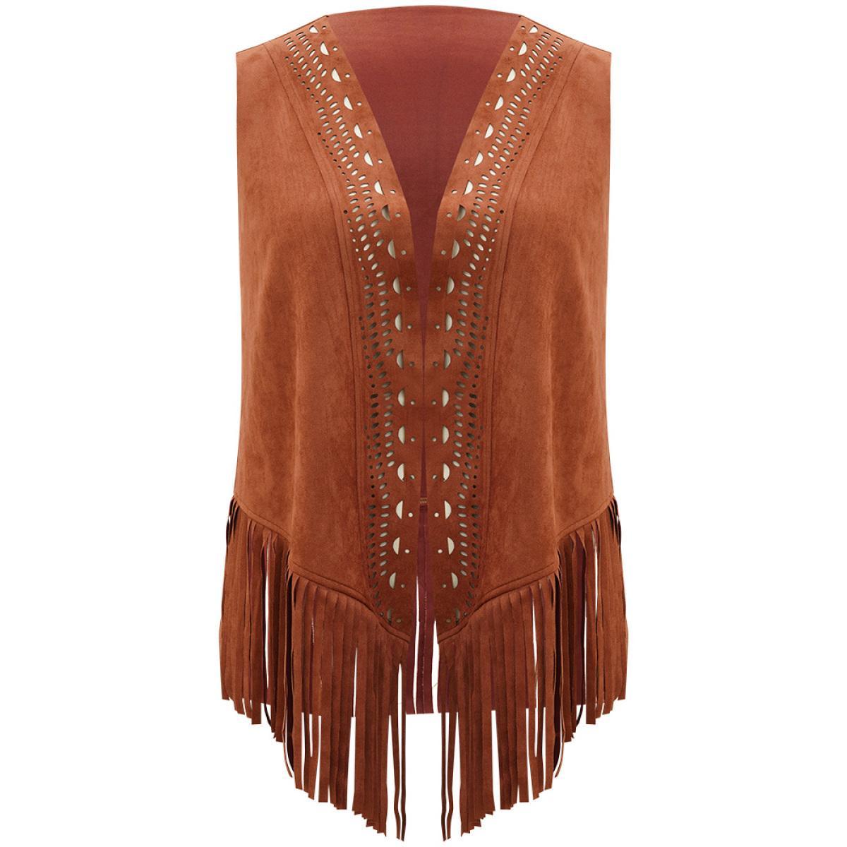 Plus Size Plain Laser Cut Tassel Trim Sleeveless Kimono Women Chocolate Vacation Tassels Dailywear Kimonos BloomChic 28/5X Product Image