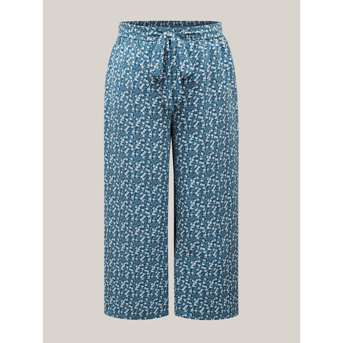 Plus Size Floral Print Belted Wide-Leg Pants Women Mediumblue Elegant Wide Leg Mid Rise Everyday-Elegant Pants BloomChic 26/4X Product Image