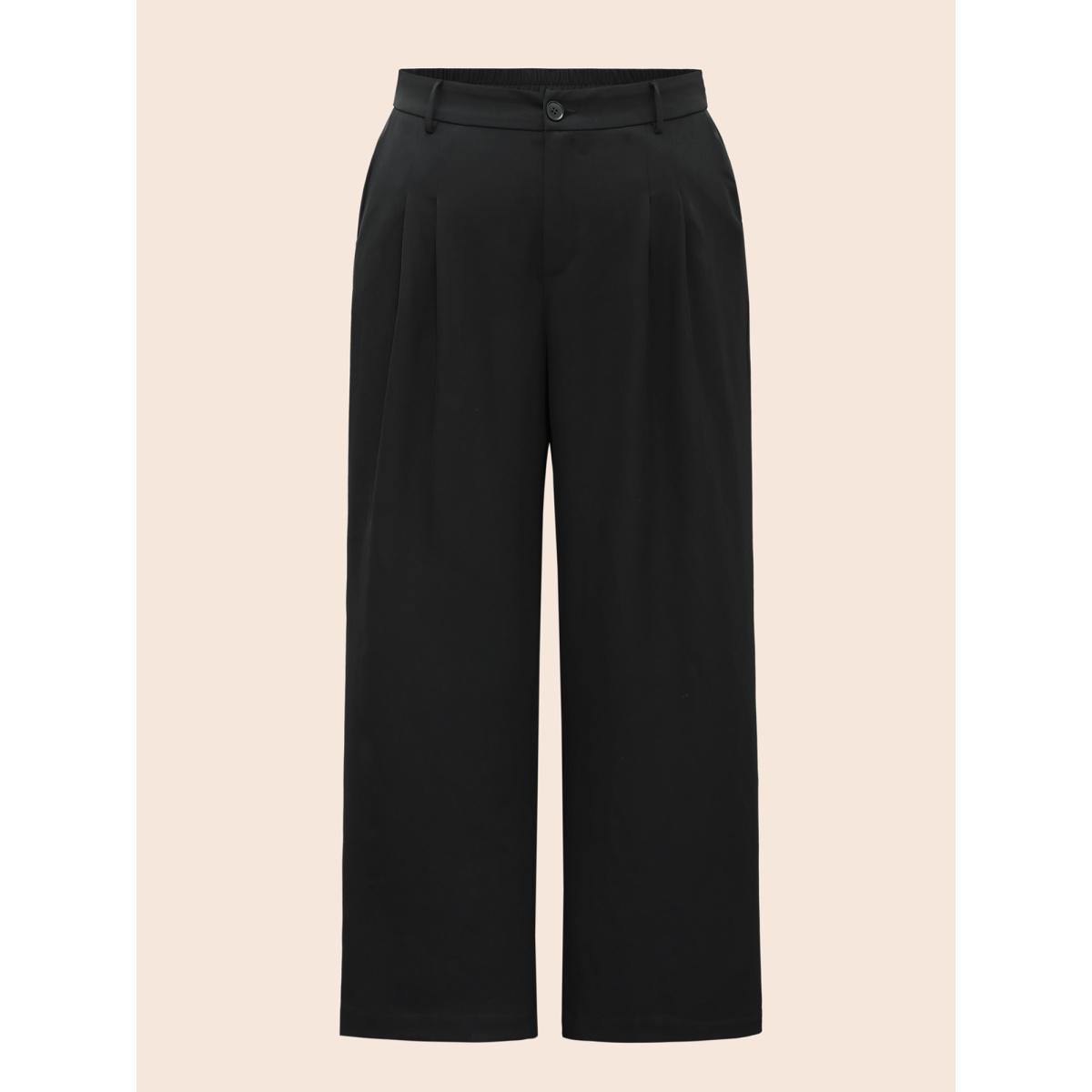 Plus Size Stretch Woven Pleated Elastic Waist Pants Women Black At the Office Wide Leg Mid Rise Work Pants BloomChic 30/6X Product Image
