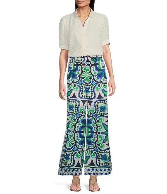 Current Air Woven Embellish 3D Floral Spread Collar V-Neck Short Sleeves Button Front Blouse Product Image