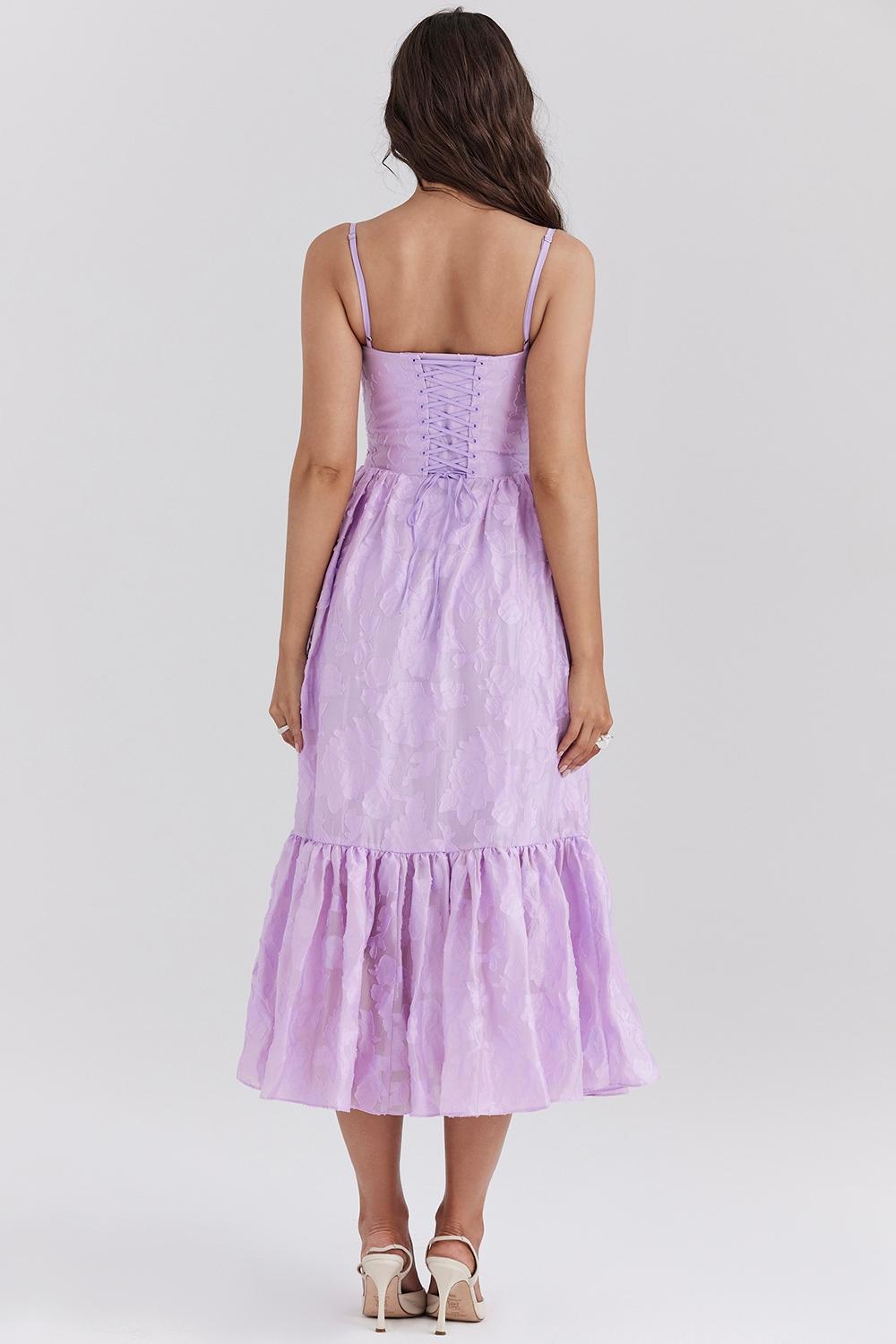 Mira Orchid Floral Jacquard Tiered Midi Dress Product Image