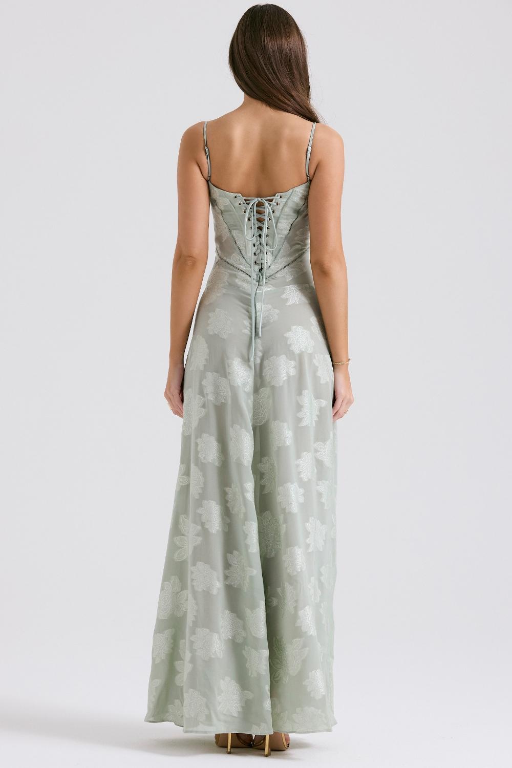 Seren Pistachio Floral Lace Back Maxi Dress Product Image