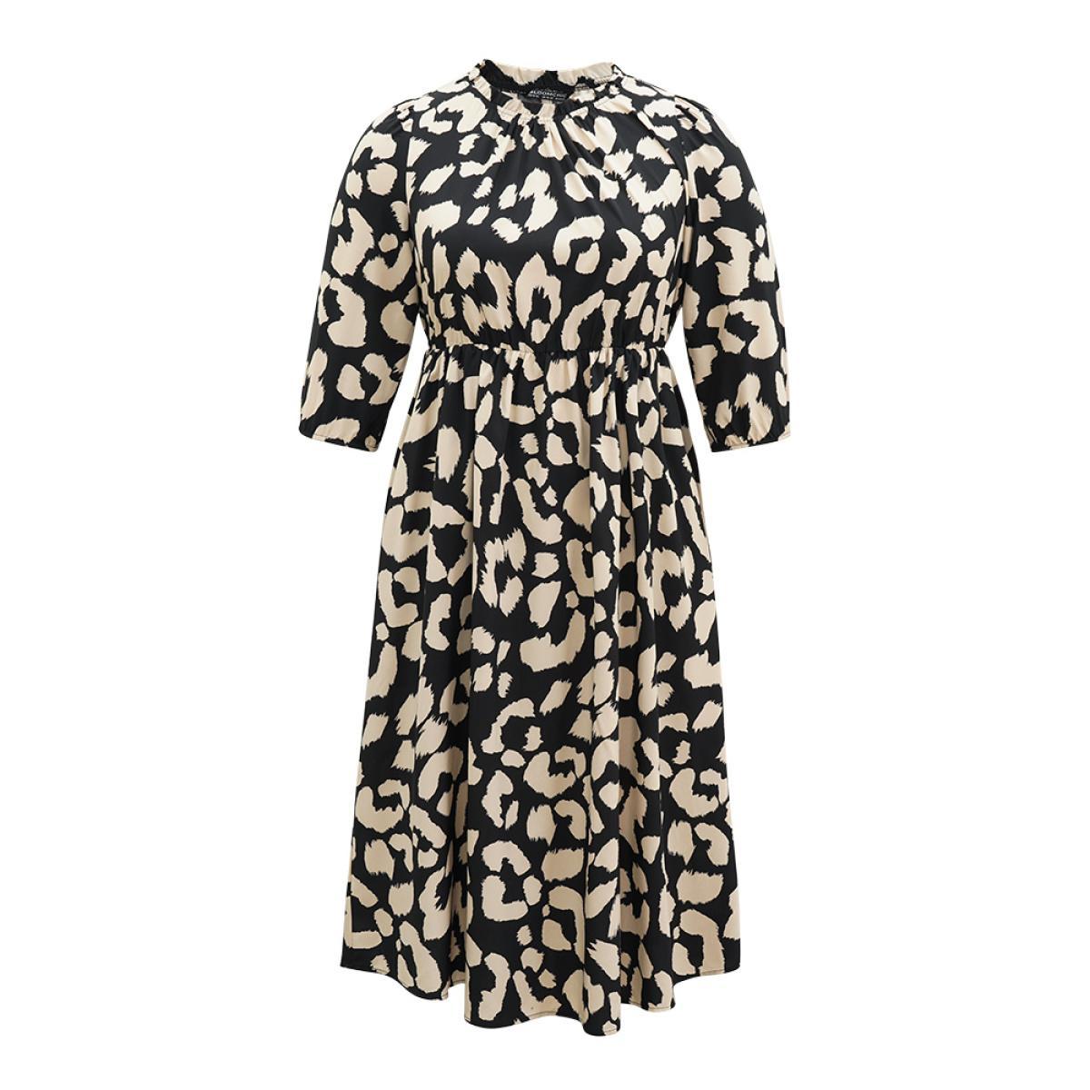 Plus Size Geometric Mock Neck Elastic Waist Pleated Dress DarkBrown Women Office Elastic cuffs Mock Neck Elbow-length sleeve Curvy Midi Dress BloomChic 26/4X Product Image