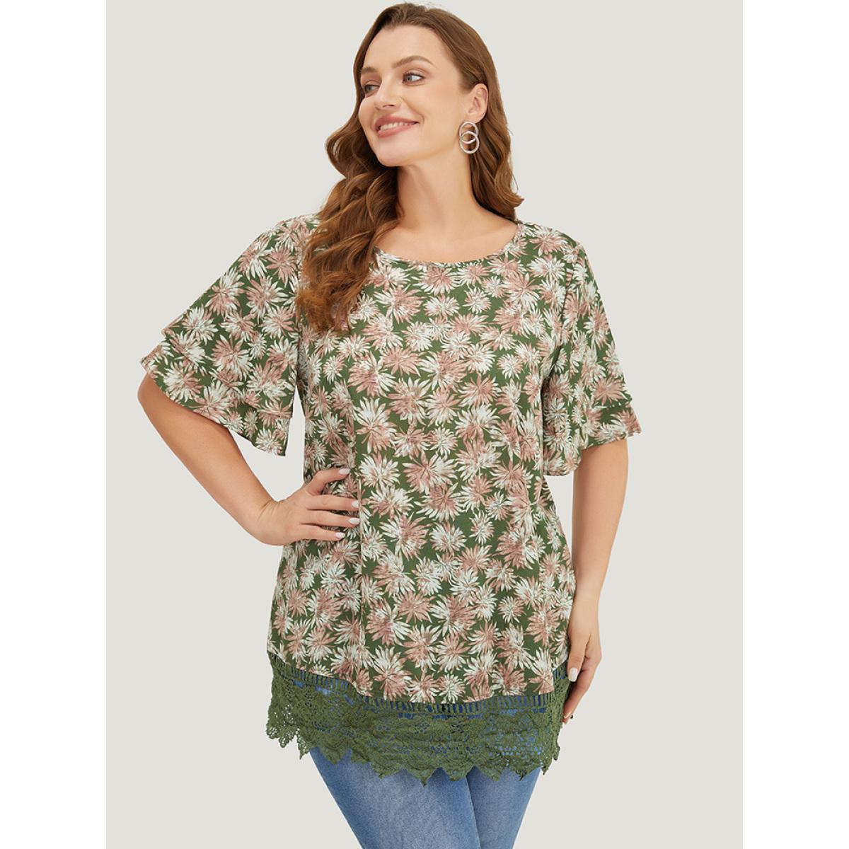 Plus Size Sage Plant Print Tiered Sleeve Lace Hem Blouse Women Vacation Short sleeve Round Neck Dailywear Blouses BloomChic 28/5X Product Image