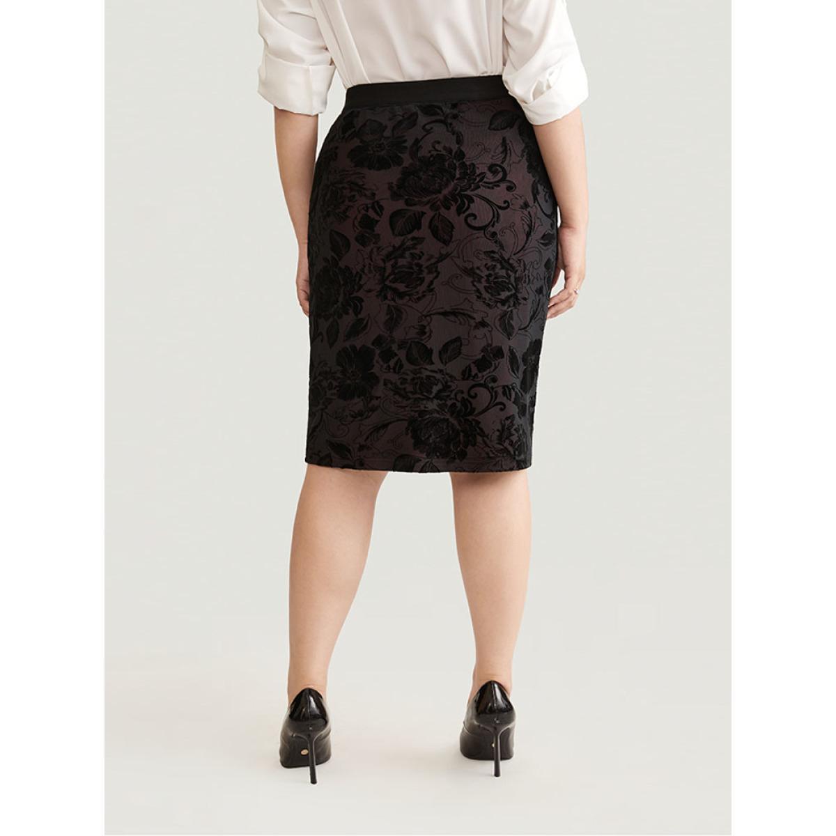 Plus Size Flocking Silhouette Floral Print Bodycon Skirt Women Scarlet Elegant Velvet Bodycon Medium stretch Dailywear Skirts BloomChic 10/M Product Image