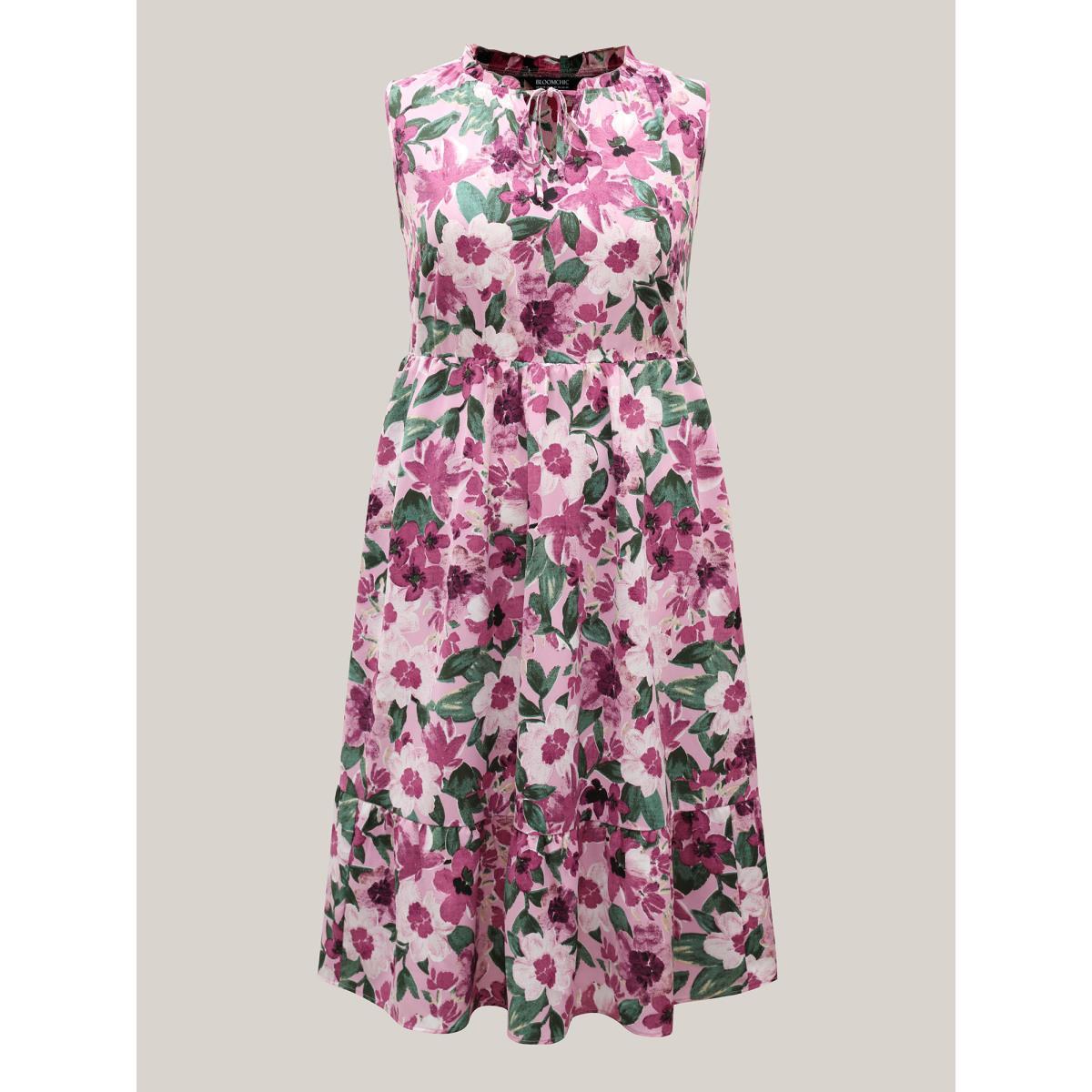 Plus Size Floral Print Cinched-Waist Pockets Midi Dress Lilac Women Notched collar Sleeveless Curvy BloomChic 18-20/2X Product Image