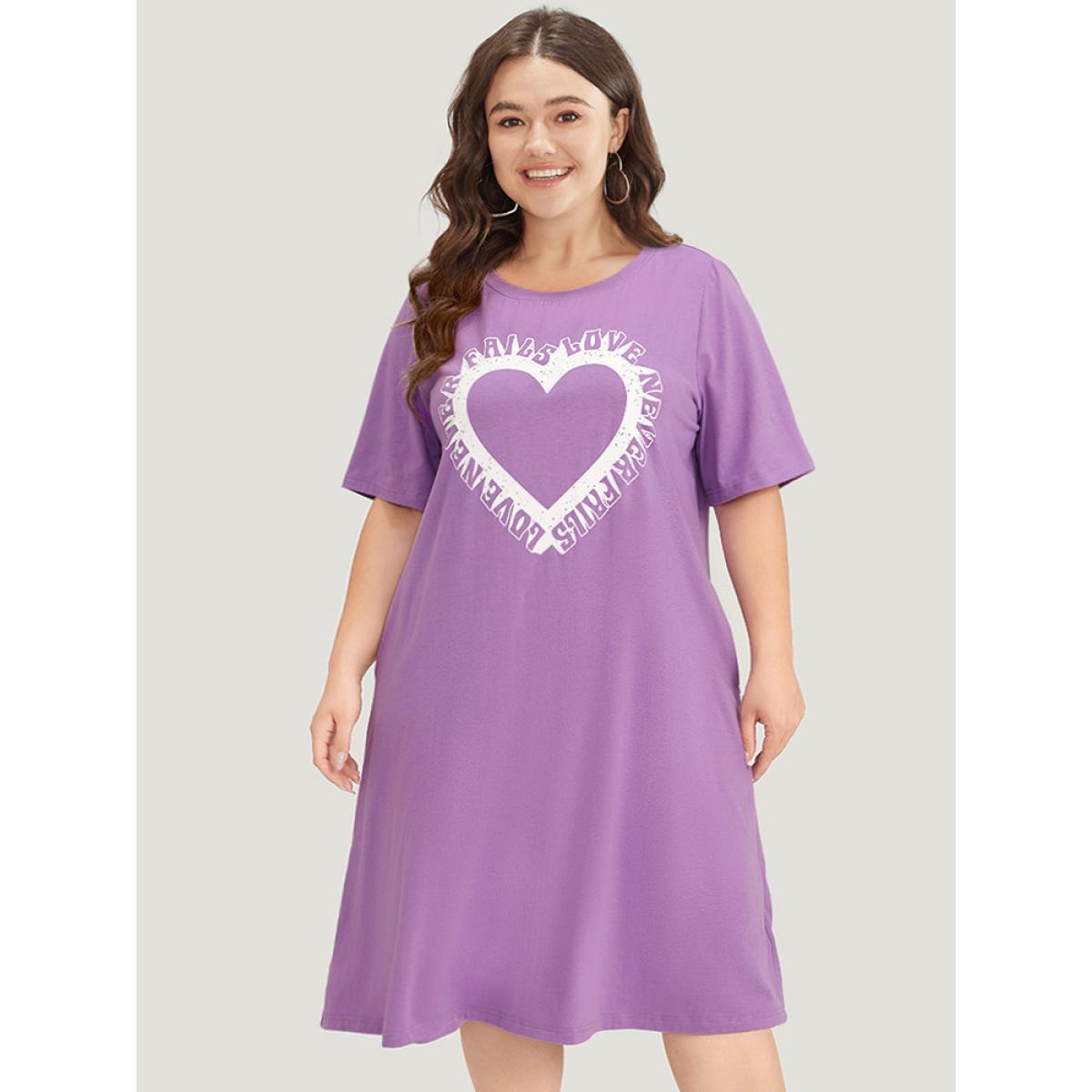 Plus Size Supersoft Essentials Heart Print Pocket Crew Neck Dress Lilac Women Casual Printed Curvy Midi Dress BloomChic 28/5X Product Image