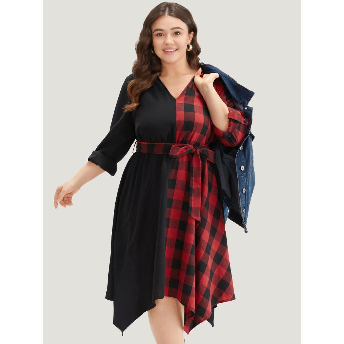 Plus Size Plaid Patchwork Belted Hanky Hem Dress Black Women Casual Belted V-neck Long Sleeve Curvy Midi Dress BloomChic 18-20/2X Product Image