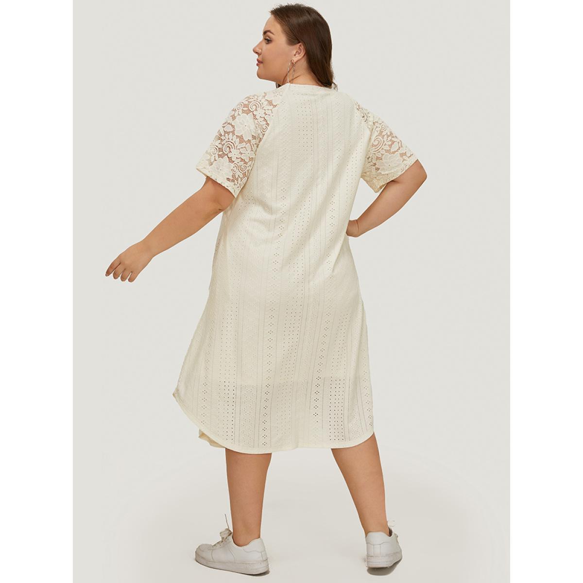 Plus Size Plain Lace Sleeve Pocket Arc Hem Broderie Anglaise Dress Beige Women Casual Lined Round Neck Short sleeve Curvy Midi Dress BloomChic 14-16/1X Product Image