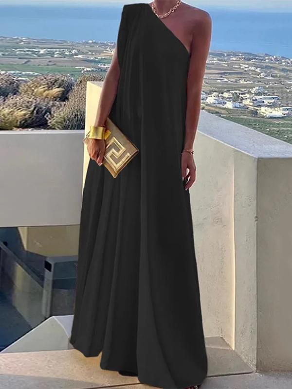 Loose Asymmetric Solid Color Split-Joint One-Shoulder Maxi Dresses Product Image
